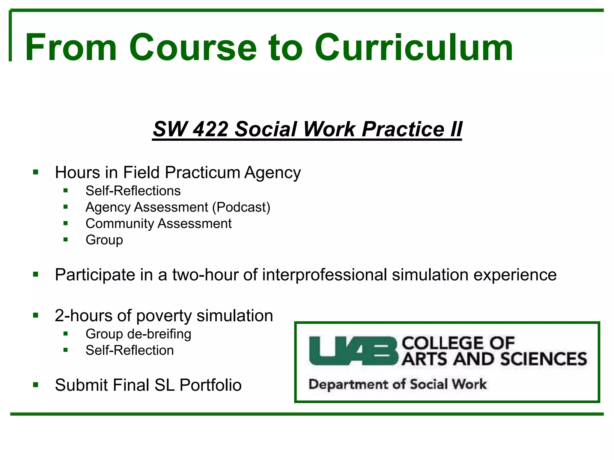 From Course to Curriculum
SW 422 Social Work Practice II
 Hours in Field Practicum Agency
 Self-Reflections
 Agency Assessment (Podcast)
 Community Assessment
 Group
 Participate in a two-hour of interprofessional simulation experience
 2-hours of poverty simulation
 Group de-breifing
 Self-Reflection
 Submit Final SL Portfolio
 