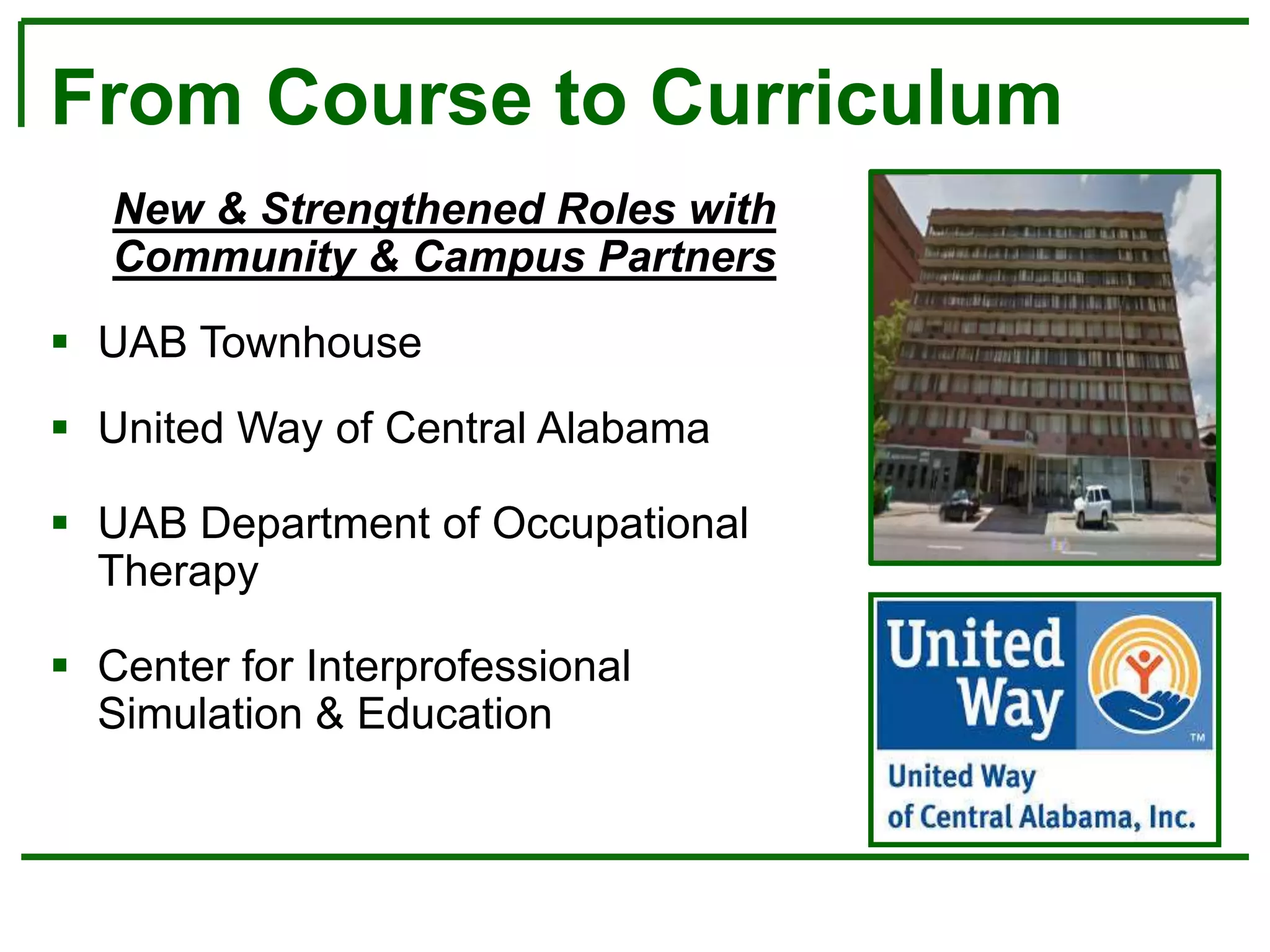 From Course to Curriculum
New & Strengthened Roles with
Community & Campus Partners
 UAB Townhouse
 United Way of Central Alabama
 UAB Department of Occupational
Therapy
 Center for Interprofessional
Simulation & Education
 