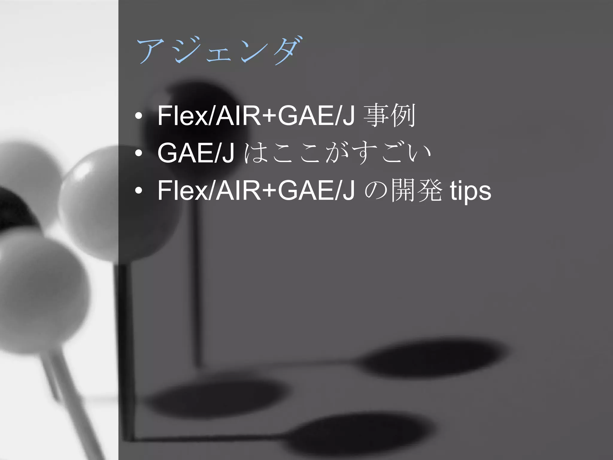 アジェンダ Flex/AIR+GAE/J 事例 GAE/J はここがすごい Flex/AIR+GAE/J の開発 tips 