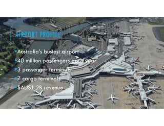 AIRPORT PROFILE
Australia’s busiest airport
40 million passengers each year
3 passenger terminals
7 cargo terminals
$AUS1.2B revenue
 