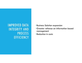IMPROVED DATA
INTEGRITY AND
PROCESS
EFFICIENCY
Business Solution expansion
Greater reliance on information based
management
Reduction in costs
 