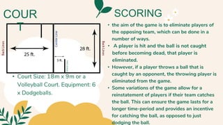 • Court Size: 18m x 9m or a
Volleyball Court. Equipment: 6
x Dodgeballs.
COUR
T
SCORING
• the aim of the game is to eliminate players of
the opposing team, which can be done in a
number of ways.
• A player is hit and the ball is not caught
before becoming dead, that player is
eliminated.
• However, if a player throws a ball that is
caught by an opponent, the throwing player is
eliminated from the game.
• Some variations of the game allow for a
reinstatement of players if their team catches
the ball. This can ensure the game lasts for a
longer time-period and provides an incentive
for catching the ball, as opposed to just
dodging the ball.
 