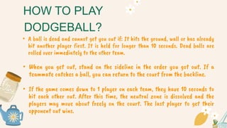 • A ball is dead and cannot get you out if: It hits the ground, wall or has already
hit another player first. It is held for longer than 10 seconds. Dead balls are
rolled over immediately to the other team.
• When you get out, stand on the sideline in the order you got out. If a
teammate catches a ball, you can return to the court from the backline.
• If the game comes down to 1 player on each team, they have 10 seconds to
hit each other out. After this time, the neutral zone is dissolved and the
players may move about freely on the court. The last player to get their
opponent out wins.
HOW TO PLAY
DODGEBALL?
 