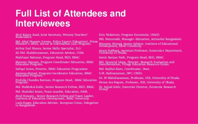 Full List of Attendees and
Interviewees
Abul Kalam Azad, Joint Secretary, Primary Teachers’
Association.
Md. Afzal Hossain...