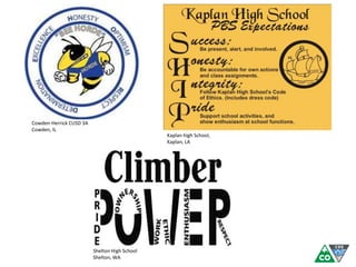 Cowden-Herrick CUSD 3A
Cowden, IL
Shelton High School
Shelton, WA
Kaplan high School,
Kaplan, LA
 