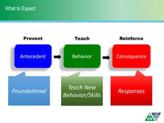 What to Expect
Antecedent Behavior Consequence
Foundational Responses
Prevent Teach Reinforce
Teach New
Behavior/Skills
 