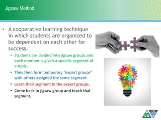 Jigsaw Method
• A cooperative learning technique
in which students are organized to
be dependent on each other for
success.
• Students are divided into jigsaw groups and
each member is given a specific segment of
a topic.
• They then form temporary “expert groups”
with others assigned the same segment.
• Learn their segment in the expert groups.
• Come back to jigsaw group and teach that
segment.
 