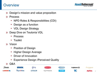 Overview

 »   Design’s mission and value proposition
 »   Process
      ▪ NPD Roles & Responsibilities (CDI)
      ▪ Design as a function
      ▪ VDL Design Strategy
 »   Deep Dive on Teutonia VDL
      ▪ Process
      ▪ Toolkit
 »   Vision
      ▪ Position of Design
      ▪ Higher Design Average
      ▪ Driver of Innovation
      ▪ Experience Design /Perceived Quality
 »   Q&A

                                               2
 