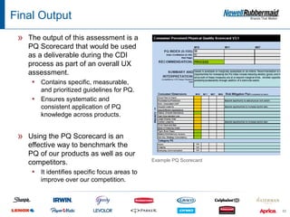 Final Output
 »   The output of this assessment is a
     PQ Scorecard that would be used
     as a deliverable during the CDI
     process as part of an overall UX
     assessment.
      ▪ Contains specific, measurable,
        and prioritized guidelines for PQ.
      ▪ Ensures systematic and
        consistent application of PQ
        knowledge across products.


 »   Using the PQ Scorecard is an
     effective way to benchmark the
     PQ of our products as well as our
                                                Example PQ Scorecard
     competitors.
      ▪ It identifies specific focus areas to
         improve over our competition.



                                                                       53
 