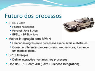 Futuro dos processos BPEL x Java Focado no negócio Portável (Java & .Net) BPELJ – BPEL + Java Melhor integração com BPMN Checar as regras entre processos executáveis e abstratos. Conectar diferentes processos e/ou webservices, formando um modelo global. BPEL4People Define interações humanas nos processos Uso do BPEL com JBI (Java Business Integration)  