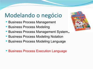 Modelando o negócio Business Process Management Business Process Modeling Business Process Management Systems Business Process Modeling Notation Business Process Modeling Language Business Process Execution Language 