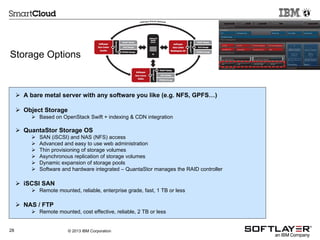 Storage Options

 A bare metal server with any software you like (e.g. NFS, GPFS…)
 Object Storage
 Based on OpenStack Swift + indexing & CDN integration

 QuantaStor Storage OS







SAN (iSCSI) and NAS (NFS) access
Advanced and easy to use web administration
Thin provisioning of storage volumes
Asynchronous replication of storage volumes
Dynamic expansion of storage pools
Software and hardware integrated – QuantaStor manages the RAID controller

 iSCSI SAN
 Remote mounted, reliable, enterprise grade, fast, 1 TB or less

 NAS / FTP
 Remote mounted, cost effective, reliable, 2 TB or less

28

© 2013 IBM Corporation

 