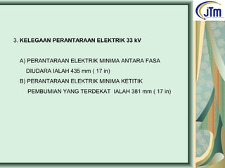 3. KELEGAAN PERANTARAAN ELEKTRIK 33 kV
A) PERANTARAAN ELEKTRIK MINIMA ANTARA FASA
DIUDARA IALAH 435 mm ( 17 in)
B) PERANTARAAN ELEKTRIK MINIMA KETITIK
PEMBUMIAN YANG TERDEKAT IALAH 381 mm ( 17 in)
 