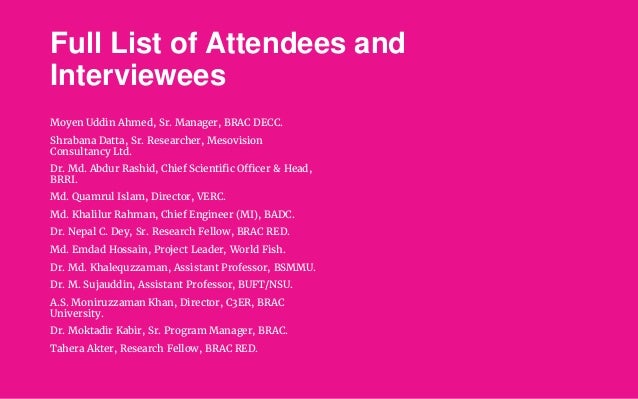 Full List of Attendees and
Interviewees
Moyen Uddin Ahmed, Sr. Manager, BRAC DECC.
Shrabana Datta, Sr. Researcher, Mesovis...