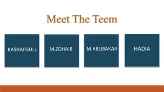 Meet The Teem
KASHAFGULL M.ZOHAIB M.ABUBAKAR HADIA
 