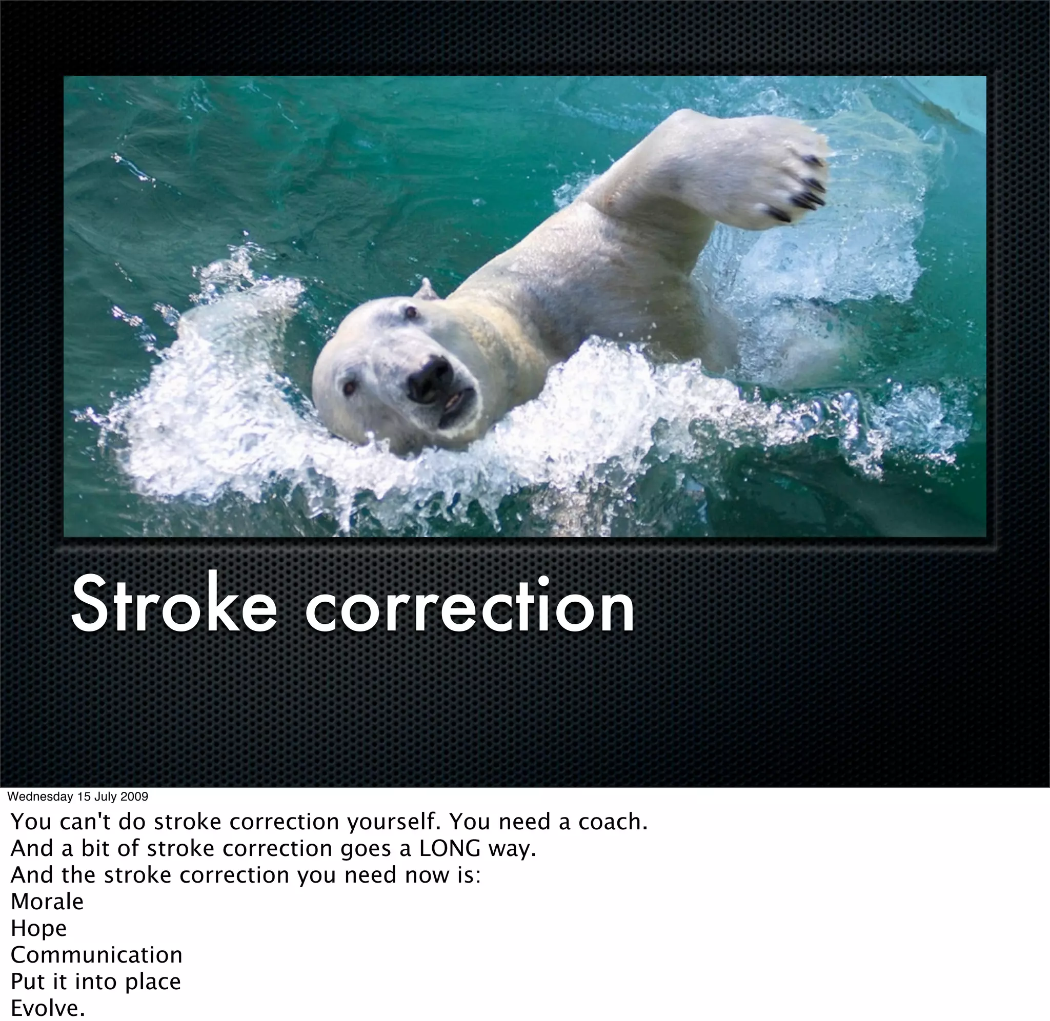 Stroke correction

Wednesday 15 July 2009

You can't do stroke correction yourself. You need a coach.
And a bit of stroke correction goes a LONG way.
And the stroke correction you need now is:
Morale
Hope
Communication
Put it into place
Evolve.
 