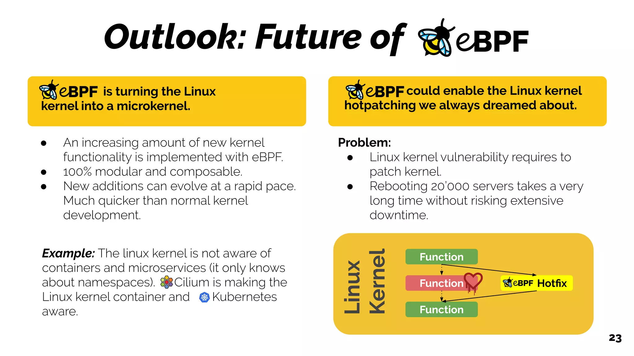 23
Outlook: Future of
is turning the Linux
kernel into a microkernel.
● An increasing amount of new kernel
functionality is implemented with eBPF.
● 100% modular and composable.
● New additions can evolve at a rapid pace.
Much quicker than normal kernel
development.
Example: The linux kernel is not aware of
containers and microservices (it only knows
about namespaces). Cilium is making the
Linux kernel container and Kubernetes
aware.
could enable the Linux kernel
hotpatching we always dreamed about.
Problem:
● Linux kernel vulnerability requires to
patch kernel.
● Rebooting 20’000 servers takes a very
long time without risking extensive
downtime.
Function
Function
Function
Hotﬁx
Linux
Kernel
 