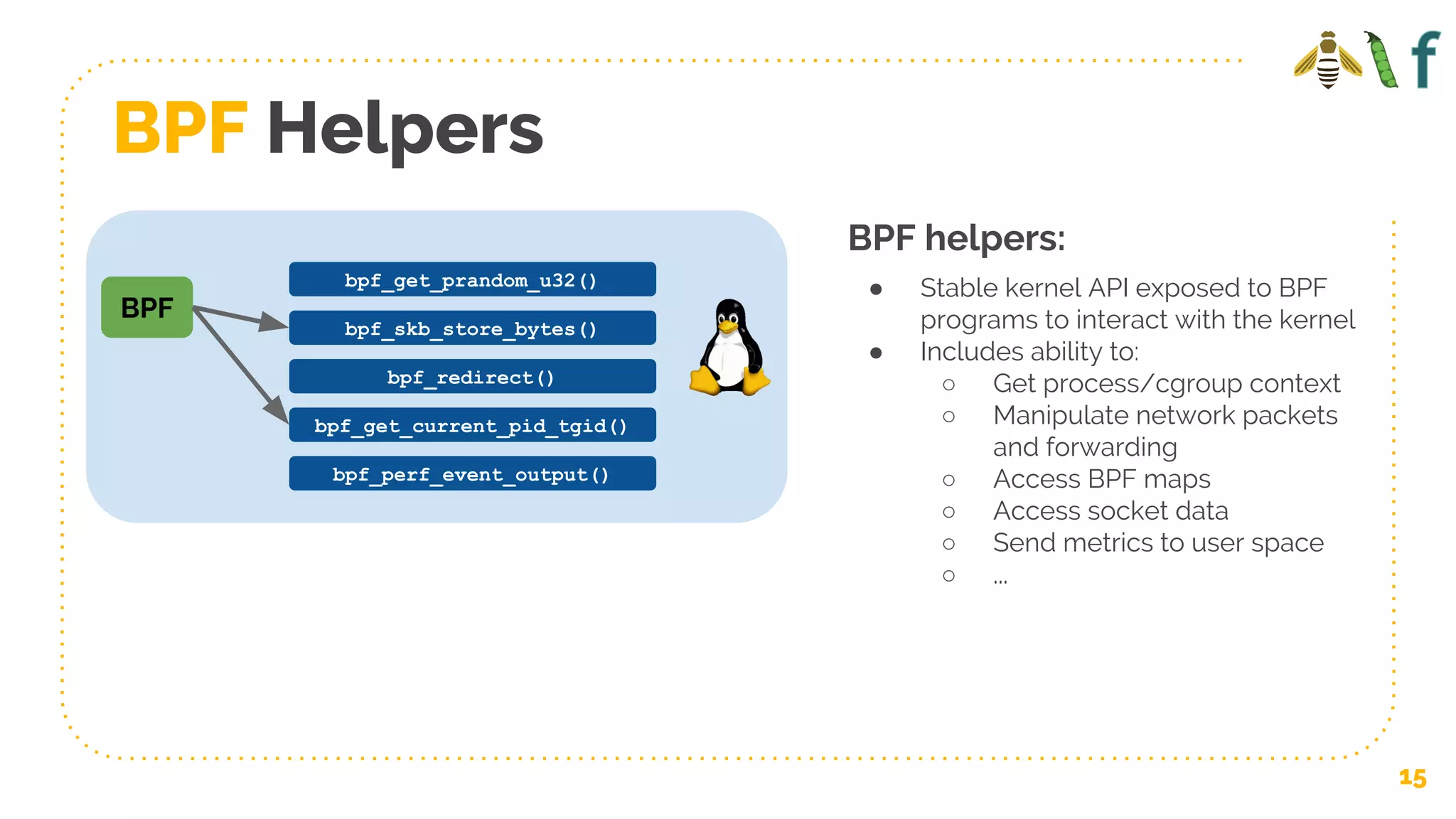 BPF Helpers
15
bpf_get_prandom_u32()
BPF
BPF helpers:
● Stable kernel API exposed to BPF
programs to interact with the kernel
● Includes ability to:
○ Get process/cgroup context
○ Manipulate network packets
and forwarding
○ Access BPF maps
○ Access socket data
○ Send metrics to user space
○ ...
bpf_skb_store_bytes()
bpf_redirect()
bpf_get_current_pid_tgid()
bpf_perf_event_output()
 