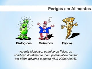 Biológicos Químicos Físicos
Perigos em Alimentos
Agente biológico, químico ou físico, ou
condição do alimento, com potencial de causar
um efeito adverso à saúde (ISO 22000:2006).
 