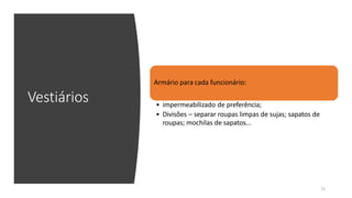 Vestiários
Armário para cada funcionário:
11
• impermeabilizado de preferência;
• Divisões – separar roupas limpas de sujas; sapatos de
roupas; mochilas de sapatos...
 