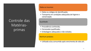 Controle das
Matérias-
primas
Todos os insumos:
• Datas ou códigos de identificação;
• Transporte em condições adequadas de higiene e
conservação.
Qualidade:
• Procedência conhecida;
• Fornecedor qualificado;
• Embalagens adequadas e não violadas.
Nenhum produto:
• Utilizado e/ou consumido após vencimento de vida útil.
34
 