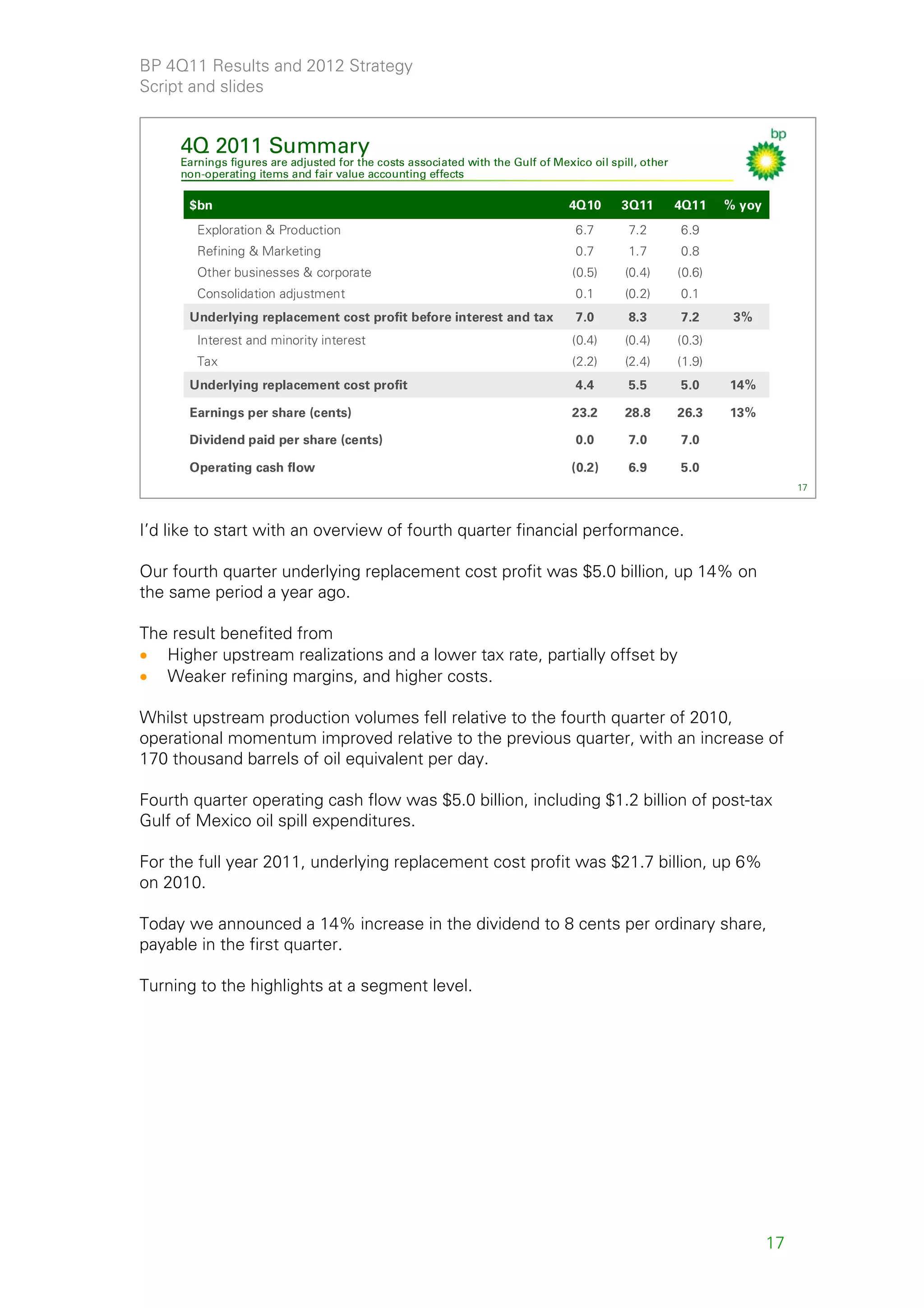 BP 4Q11 Results and 2012 Strategy
Script and slides


     4Q 2011 Summary
     Earnings figures are adjusted for the costs associated with the Gulf of Mexico oil spill, other
     non-operating items and fair value accounting effects

      $bn                                                                       4Q10      3Q11         4Q11    % yoy
        Exploration & Production                                                 6.7        7.2        6.9
        Refining & Marketing                                                     0.7        1.7        0.8
        Other businesses & corporate                                             (0.5)     (0.4)       (0.6)
        Consolidation adjustment                                                 0.1       (0.2)       0.1
      Underlying replacement cost profit before interest and tax                 7.0        8.3        7.2      3%
        Interest and minority interest                                           (0.4)     (0.4)       (0.3)
        Tax                                                                      (2.2)     (2.4)       (1.9)
      Underlying replacement cost profit                                         4.4        5.5        5.0     14%

      Earnings per share (cents)                                                 23.2      28.8        26.3    13%

      Dividend paid per share (cents)                                            0.0        7.0        7.0

      Operating cash flow                                                        (0.2)      6.9        5.0
                                                                                                                            17



I’d like to start with an overview of fourth quarter financial performance.

Our fourth quarter underlying replacement cost profit was $5.0 billion, up 14% on
the same period a year ago.

The result benefited from
• Higher upstream realizations and a lower tax rate, partially offset by
• Weaker refining margins, and higher costs.

Whilst upstream production volumes fell relative to the fourth quarter of 2010,
operational momentum improved relative to the previous quarter, with an increase of
170 thousand barrels of oil equivalent per day.

Fourth quarter operating cash flow was $5.0 billion, including $1.2 billion of post-tax
Gulf of Mexico oil spill expenditures.

For the full year 2011, underlying replacement cost profit was $21.7 billion, up 6%
on 2010.

Today we announced a 14% increase in the dividend to 8 cents per ordinary share,
payable in the first quarter.

Turning to the highlights at a segment level.




                                                                                                                       17
 