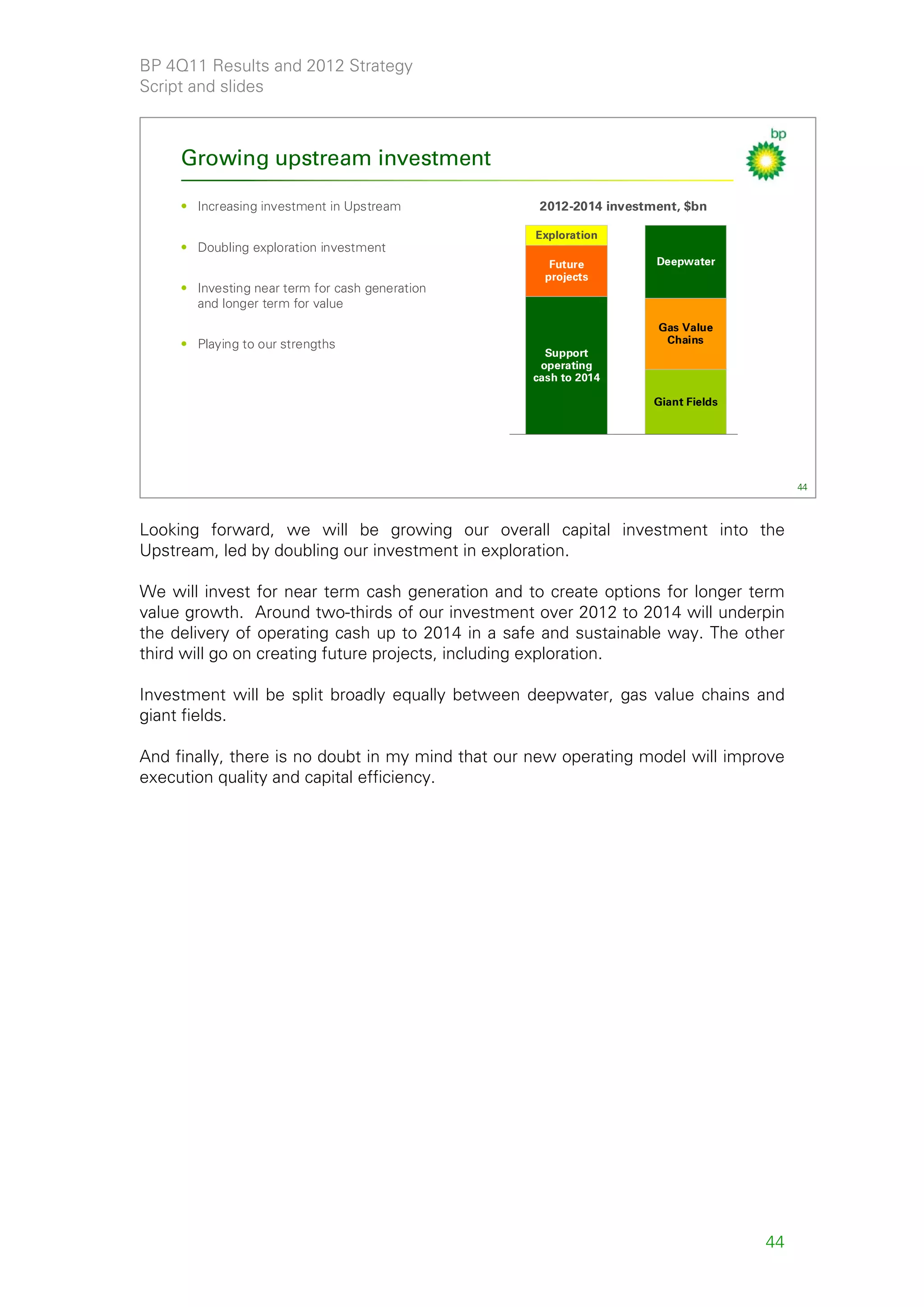 BP 4Q11 Results and 2012 Strategy
Script and slides



     Growing upstream investment

     • Increasing investment in Upstream           2012-2014 investment, $bn

                                                  Exploration
     • Doubling exploration investment
                                                     Future         Deepwater
                                                    projects
     • Investing near term for cash generation
       and longer term for value
                                                                    Gas Value
     • Playing to our strengths                                      Chains
                                                    Support
                                                   operating
                                                  cash to 2014

                                                                    Giant Fields




                                                                                        44



Looking forward, we will be growing our overall capital investment into the
Upstream, led by doubling our investment in exploration.

We will invest for near term cash generation and to create options for longer term
value growth. Around two-thirds of our investment over 2012 to 2014 will underpin
the delivery of operating cash up to 2014 in a safe and sustainable way. The other
third will go on creating future projects, including exploration.

Investment will be split broadly equally between deepwater, gas value chains and
giant fields.

And finally, there is no doubt in my mind that our new operating model will improve
execution quality and capital efficiency.




                                                                                   44
 