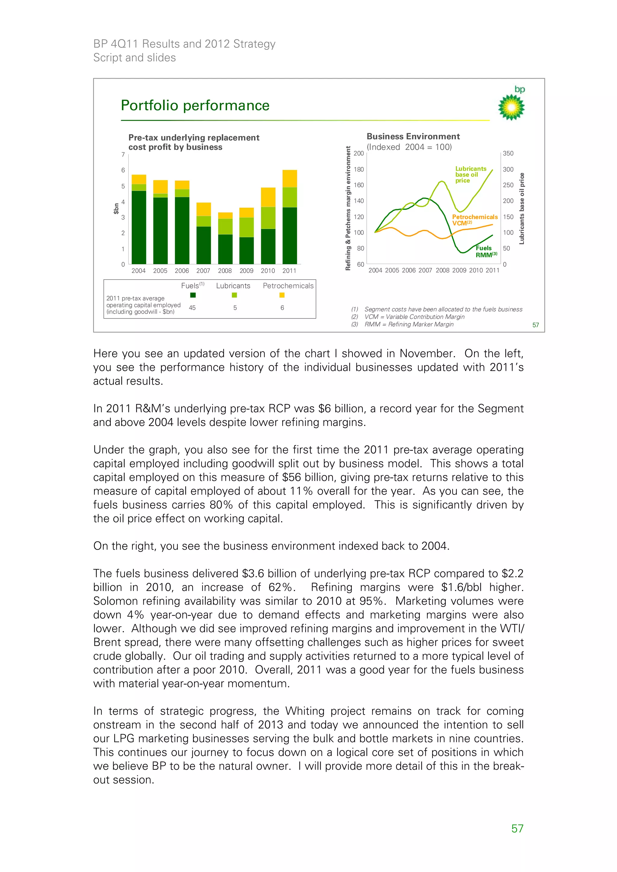 BP 4Q11 Results and 2012 Strategy
Script and slides



          Portfolio performance

              Pre-tax underlying replacement                                                                                     Business Environment
              cost profit by business                                                                                            (Indexed 2004 = 100)




                                                                                  Refining & Petchems margin environment
          7                                                                                                                200                                                   350

          6                                                                                                                180                                  Lubricants       300
                                                                                                                                                                base oil




                                                                                                                                                                                       Lubricants base oil price
                                                                                                                                                                price
          5                                                                                                                160                                                   250

          4                                                                                                                140                                                   200
    $bn




          3                                                                                                                120                                 Petrochemicals 150
                                                                                                                                                               VCM(2)
          2                                                                                                                100                                                100

          1                                                                                                                 80                                 Fuels   50
                                                                                                                                                               RMM(3)
          0                                                                                                                 60                                         0
              2004   2005   2006        2007   2008       2009   2010   2011                                                   2004 2005 2006 2007 2008 2009 2010 2011

                                        (1)
                               Fuels           Lubricants        Petrochemicals
  2011 pre-tax average
  operating capital employed       45                 5                 6
  (including goodwill - $bn)                                                                                        (1)          Segment costs have been allocated to the fuels business
                                                                                                                    (2)          VCM = Variable Contribution Margin
                                                                                                                    (3)          RMM = Refining Marker Margin                                                      57



Here you see an updated version of the chart I showed in November. On the left,
you see the performance history of the individual businesses updated with 2011’s
actual results.

In 2011 R&M’s underlying pre-tax RCP was $6 billion, a record year for the Segment
and above 2004 levels despite lower refining margins.

Under the graph, you also see for the first time the 2011 pre-tax average operating
capital employed including goodwill split out by business model. This shows a total
capital employed on this measure of $56 billion, giving pre-tax returns relative to this
measure of capital employed of about 11% overall for the year. As you can see, the
fuels business carries 80% of this capital employed. This is significantly driven by
the oil price effect on working capital.

On the right, you see the business environment indexed back to 2004.

The fuels business delivered $3.6 billion of underlying pre-tax RCP compared to $2.2
billion in 2010, an increase of 62%. Refining margins were $1.6/bbl higher.
Solomon refining availability was similar to 2010 at 95%. Marketing volumes were
down 4% year-on-year due to demand effects and marketing margins were also
lower. Although we did see improved refining margins and improvement in the WTI/
Brent spread, there were many offsetting challenges such as higher prices for sweet
crude globally. Our oil trading and supply activities returned to a more typical level of
contribution after a poor 2010. Overall, 2011 was a good year for the fuels business
with material year-on-year momentum.

In terms of strategic progress, the Whiting project remains on track for coming
onstream in the second half of 2013 and today we announced the intention to sell
our LPG marketing businesses serving the bulk and bottle markets in nine countries.
This continues our journey to focus down on a logical core set of positions in which
we believe BP to be the natural owner. I will provide more detail of this in the break-
out session.



                                                                                                                                                                                    57
 