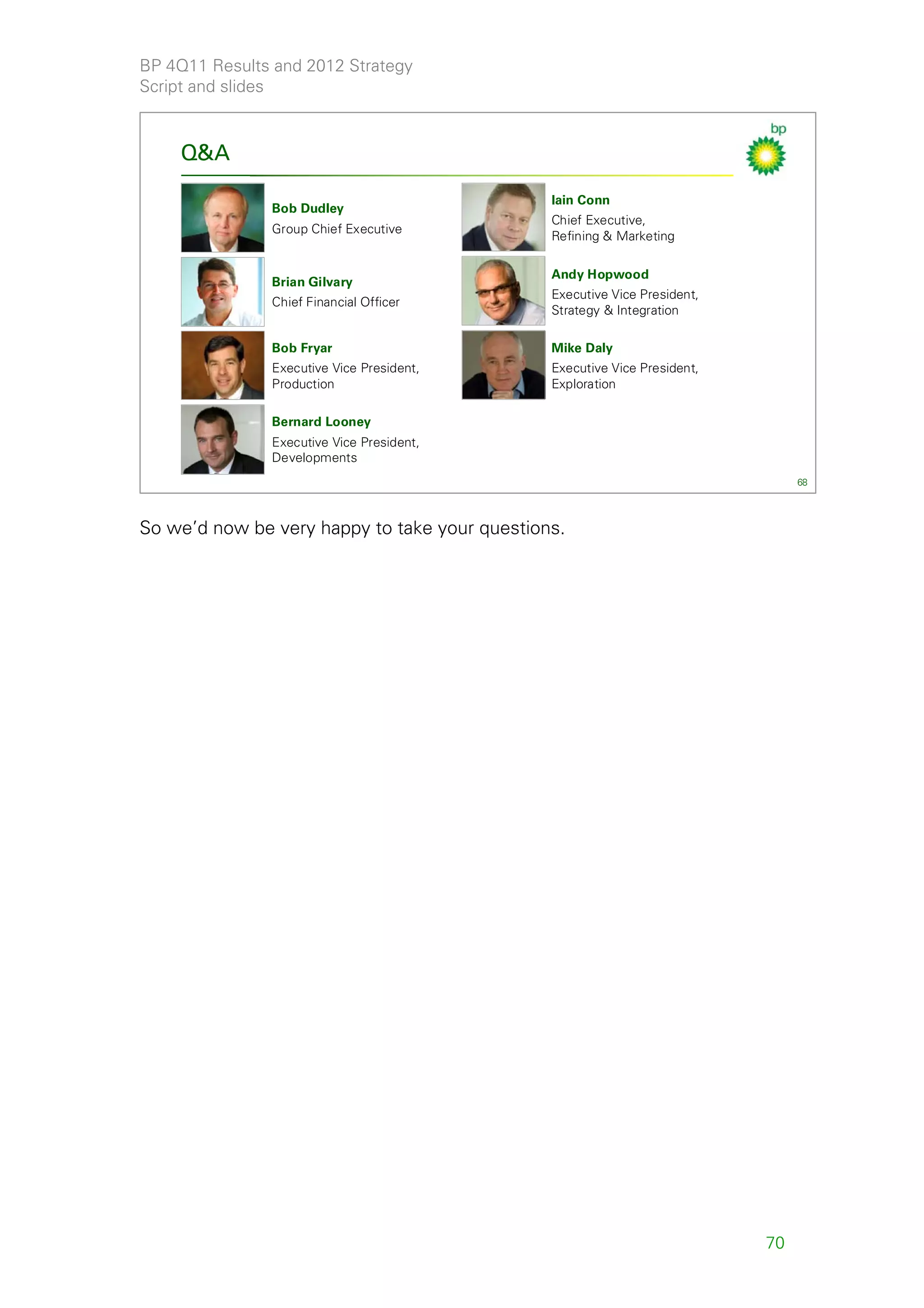 BP 4Q11 Results and 2012 Strategy
Script and slides



    Q&A

                                               Iain Conn
               Bob Dudley
                                               Chief Executive,
               Group Chief Executive
                                               Refining & Marketing

                                               Andy Hopwood
               Brian Gilvary
                                               Executive Vice President,
               Chief Financial Officer
                                               Strategy & Integration

               Bob Fryar                       Mike Daly
               Executive Vice President,       Executive Vice President,
               Production                      Exploration

               Bernard Looney
               Executive Vice President,
               Developments
                                                                                68




So we’d now be very happy to take your questions.




                                                                           70
 