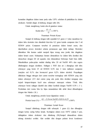 37
kemudian dinginkan dalam tanur pada suhu 1200c sebelum di pindahkan ke dalam
eksikator. Setelah dingin di timbang dengan teliti (H).
Untuk menghitung kadar abu di gunakan rumus:
Kadar abu =
G
FH 
x 100 %
Penentuan Protein Kasar
Sampel di timbang dengan teliti sejumlah 0,3 gram ( I )dan masukkan ke
dalam labu destruksi dan ditambah kira-kira 0,2 gram katalis campuran dan 5 ml
H2SO4 pekat. Campuran tersebut di panaskan dalam lemari asam, dan
diperhatikan proses destruksi selama pemanasan agar tidak meluap. Destruksi
dihentikan bila larutan sudah menjadi hijau terang atau jernih, lalu dinginkan
dalam lemari asam. Selanjutnya larutan dimasukkan ke dalam labu destilasi dan
diencerkan dengan 60 ml aquades dan dimasukkan beberapa buah batu didih.
Ditambahkan pelan-pelan melalui dinding labu 20 ml NaOH 40% dan segera
dihubungkan dengan destilator. Sulingan ( NH3 dan air ) ditangkap oleh labu
erlemeyer yang berisi 25 ml H2SO4 0,3N dan 2 tetes indikator campuran
(metylen red 0,1% dan bromcerol green 0,2% dalam alcohol). Penyulingan
dilakukan hingga nitrogen dari cairan tersebut tertangkap oleh H2SO4 yang ada
dalam erlemeyer (2/3 dari cairan yang ada pada labu destilasi menguap atau
terjadi letupan-letupan kecil atau erlemeyer mencapai volume 75ml). labu
erlemeyer berisi sulingan diambil dan dititer kembali dengan NaOH 0.3N ( J ).
Perubahan dari warna biru ke hijau menandakan titik akhir titrasi dibandingkan
dengan titer blanko ( K ).
Untuk menghitung protein kasar digunakan rumus :
Protein kasar (%) = %100
25,6014,0)(
x
I
xxNaOHNormJK 
Penentuan Lemak Kasar
Sampel ditimbang dengan teliti sebanyak 1 gram (L) dan dibungkus
dengan kertas saring bebas lemak. Keringkan dalam oven 1050C selama 5 jam,
didinginkan dalam eksikator dan ditimbang (M),Sampel dimasukkan dalam
tabung ekstraksi soxhlet. Alat soxhlet diisi dengan pelarut lewat kondensor
 