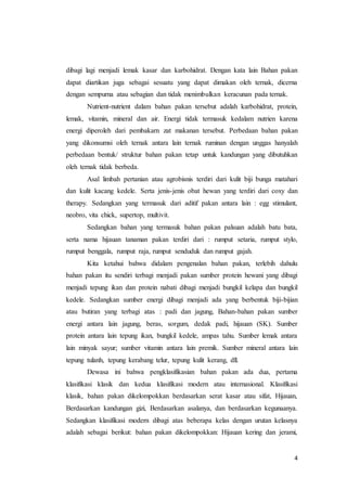 4
dibagi lagi menjadi lemak kasar dan karbohidrat. Dengan kata lain Bahan pakan
dapat diartikan juga sebagai sesuatu yang dapat dimakan oleh ternak, dicerna
dengan sempurna atau sebagian dan tidak menimbulkan keracunan pada ternak.
Nutrient-nutrient dalam bahan pakan tersebut adalah karbohidrat, protein,
lemak, vitamin, mineral dan air. Energi tidak termasuk kedalam nutrien karena
energi diperoleh dari pembakarn zat makanan tersebut. Perbedaan bahan pakan
yang dikonsumsi oleh ternak antara lain ternak ruminan dengan unggas hanyalah
perbedaan bentuk/ struktur bahan pakan tetap untuk kandungan yang dibutuhkan
oleh ternak tidak berbeda.
Asal limbah pertanian atau agrobisnis terdiri dari kulit biji bunga matahari
dan kulit kacang kedele. Serta jenis-jenis obat hewan yang terdiri dari coxy dan
therapy. Sedangkan yang termasuk dari aditif pakan antara lain : egg stimulant,
neobro, vita chick, supertop, multivit.
Sedangkan bahan yang termasuk bahan pakan palsuan adalah batu bata,
serta nama hijauan tanaman pakan terdiri dari : rumput setaria, rumput stylo,
rumput benggala, rumput raja, rumput senduduk dan rumput gajah.
Kita ketahui bahwa didalam pengenalan bahan pakan, terlebih dahulu
bahan pakan itu sendiri terbagi menjadi pakan sumber protein hewani yang dibagi
menjadi tepung ikan dan protein nabati dibagi menjadi bungkil kelapa dan bungkil
kedele. Sedangkan sumber energi dibagi menjadi ada yang berbentuk biji-bijian
atau butiran yang terbagi atas : padi dan jagung, Bahan-bahan pakan sumber
energi antara lain jagung, beras, sorgum, dedak padi, hijauan (SK). Sumber
protein antara lain tepung ikan, bungkil kedele, ampas tahu. Sumber lemak antara
lain minyak sayur; sumber vitamin antara lain premik. Sumber mineral antara lain
tepung tulanh, tepung kerabang telur, tepung kulit kerang, dll.
Dewasa ini bahwa pengklasifikasian bahan pakan ada dua, pertama
klasifikasi klasik dan kedua klasifikasi modern atau internasional. Klasifikasi
klasik, bahan pakan dikelompokkan berdasarkan serat kasar atau sifat, Hijauan,
Berdasarkan kandungan gizi, Berdasarkan asalanya, dan berdasarkan kegunaanya.
Sedangkan klasifikasi modern dibagi atas beberapa kelas dengan urutan kelasnya
adalah sebagai berikut: bahan pakan dikelompokkan: Hijauan kering dan jerami,
 
