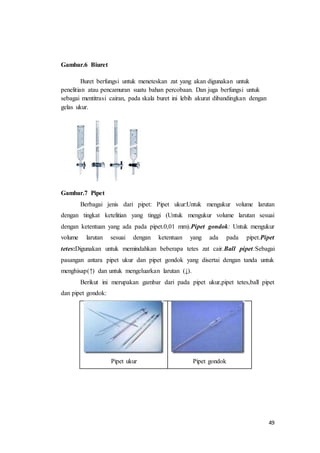 49
Gambar.6 Biuret
Buret berfungsi untuk meneteskan zat yang akan digunakan untuk
penelitian atau pencamuran suatu bahan percobaan. Dan juga berfungsi untuk
sebagai mentitrasi cairan, pada skala buret ini lebih akurat dibandingkan dengan
gelas ukur.
Gambar.7 Pipet
Berbagai jenis dari pipet: Pipet ukur:Untuk mengukur volume larutan
dengan tingkat ketelitian yang tinggi (Untuk mengukur volume larutan sesuai
dengan ketentuan yang ada pada pipet.0,01 mm).Pipet gondok: Untuk mengukur
volume larutan sesuai dengan ketentuan yang ada pada pipet.Pipet
tetes:Digunakan untuk memindahkan beberapa tetes zat cair.Ball pipet:Sebagai
pasangan antara pipet ukur dan pipet gondok yang disertai dengan tanda untuk
menghisap(↑) dan untuk mengeluarkan larutan (↓).
Berikut ini merupakan gambar dari pada pipet ukur,pipet tetes,ball pipet
dan pipet gondok:
Pipet ukur Pipet gondok
 