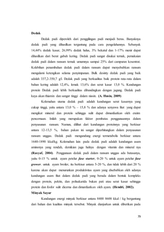 79
Dedak
Dedak padi diperoleh dari penggilingan padi menjadi beras. Banyaknya
dedak padi yang dihasilkan tergantung pada cara pengolahannya. Sebanyak
14,44% dedak kasar, 26,99% dedak halus, 3% bekatul dan 1-17% menir dapat
dihasilkan dari berat gabah kering. Dedak padi sangat disukai ternak, pemakaian
dedak padi dalam ransum ternak umumnya sampai 25% dari campuran kosentrat.
Kelebihan penambahan dedak padi dalam ransum dapat menyebabkan ransum
mengalami ketengikan selama penyimpanan. Bulk desinty dedak padi yang baik
adalah 337,2-350,7 g/l. Dedak padi yang berkualitas baik protein rata-rata dalam
bahan kering adalah 12,4%, lemak 13,6% dan serat kasar 13,0 %. Kandungan
protein Dedak padi lebih berkualitas dibandingkan dengan jagung. Dedak padi
kaya akan thiamin dan sangat tinggi dalam niasin. (A. Husin, 2009)
Kelemahan utama dedak padi adalah kandungan serat kasarnya yang
cukup tinggi, yaitu antara 13,0 % – 15,8 % dan adanya senyawa fitat yang dapat
mengikat mineral dan protein sehingga sulit dapat dimanfaatkan oleh enzim
pencernaan. Inilah yang merupakan faktor pembatas penggunaannya dalam
penyusunan ransum. Namun, dilihat dari kandungan proteinnya yang berkisar
antara 12-13,5 %, bahan pakan ini sangat diperhitungkan dalam penyusunan
ransum unggas. Dedak padi mengandung energi termetabolis berkisar antara
1640-1890 kkal/kg. Kelemahan lain pada dedak padi adalah kandungan asam
aminonya yang rendah, demikian juga halnya dengan vitamin dan mineral nya
(Rasyaf, 2004). Penggunaan dedak padi dalam ransum unggas ada batasanya,
yaitu 0-15 % untuk ayam petelur fase starter, 0-20 % untuk ayam petelur fase
grower. untuk ayam broiler, itu berkisar antara 5-20 %, dan tidak lebih dari 20 %
karena akan dapat menurunkan produktivitas ayam yang disebabkan oleh adanya
kandungan asam fitat dalam dedak padi yang berada dalam bentuk kompleks
dengan protein, pektin, dan polisakarida bukan pati atau serat kasar sehingga
protein dan fosfor sulit dicerna dan dimanfaatkan oleh ayam. (Hendri, 2002).
Minyak Sayur
Kandungan energi minyak berkisar antara 8400 8600 kkal / kg bergantung
dari bahan dan kualitas minyak tersebut. Minyak dianjurkan untuk diberikan pada
 