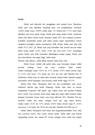 83
Dedak
Dedak padi diperoleh dari penggilingan padi menjadi beras. Banyaknya
dedak padi yang dihasilkan tergantung pada cara pengolahannya. Sebanyak
14,44% dedak kasar, 26,99% dedak halus, 3% bekatul dan 1-17% menir dapat
dihasilkan dari berat gabah kering. Dedak padi sangat disukai ternak, pemakaian
dedak padi dalam ransum ternak umumnya sampai 25% dari campuran kosentrat.
Kelebihan penambahan dedak padi dalam ransum dapat menyebabkan ransum
mengalami ketengikan selama penyimpanan. Bulk desinty dedak padi yang baik
adalah 337,2-350,7 g/l. Dedak padi yang berkualitas baik protein rata-rata dalam
bahan kering adalah 12,4%, lemak 13,6% dan serat kasar 11,6%. Kandungan
protein Dedak padi lebih berkualitas dibandingkan dengan jagung. Dedak padi
kaya akan thiamin dan sangat tinggi dalam niasin.
Menurut kelas nilainya, dedak dibagi menjadi empat kelas, yaitu:
Dedak Kasar: Adalah kulit gabah halus yang bercampur dengan sedikit
pecahan lembaga beras dan daya cernanya relatif rendah.
Analisa kandungan nutrisi: 10.6% air, 4.1% protein, 32.4% bahan ekstrak tanpa
N, 35.3% serat kasar, 1.6% lemak dan 16% abu serta nilai Martabat Pati 19
Sebenarnya dedak kasar ini sudah tidak termasuk sebagai bahan makanan penguat
(konsentrat) sebab kandungan serat kasarnya relatif terlalu tinggi (35.3%)
Dedak halus biasa: Merupakan hasil sisa dari penumbukan padi secara
tradisional (disebut juga dedak kampung). Dedak halus biasa ini banyak
mengandung komponen kulit gabah, juga selaput perak dan pecahan lembaga
beras. Kadar serat kasarnya masih cukup tinggi akan tetapi sudah termasuk dalam
golongan konsentrat karena kadar serat kasar dibawah 18%. Martabat Pati nya
termasuk rendah dan hanya sebagian kecil saja yang dapat dicerna.
Analisa nutrisi: 16.2% air, 9.5% protein, 43.8% bahan ekstrak tanpa N, 16.4%
serat kasar, 3.3% lemak dan 10.8% abu serta nilai Martabat Pati (MP) nya 53
Dedak lunteh: Merupakan hasil ikutan dari pengasahan/pemutihan beras (slep
atau polishing beras). Dari semua macam dedak, dedak inilah yang banyak
mengandung protein dan vitamin B1 karena sebagian besar terdiri dari selaput
 