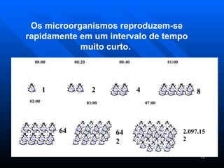 Os microorganismos reproduzem-se rapidamente em um intervalo de tempo muito curto.  02:00 64 00:00 1 00:20 2 00:40 4 01:00 8 03:00 642 07:00 2.097.152 