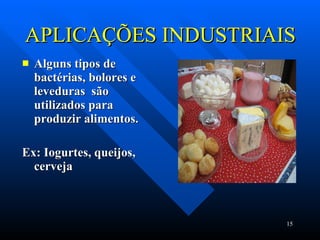 APLICAÇÕES INDUSTRIAIS Alguns tipos de bactérias, bolores e leveduras  são utilizados para  produzir alimentos. Ex: Iogurtes, queijos, cerveja 