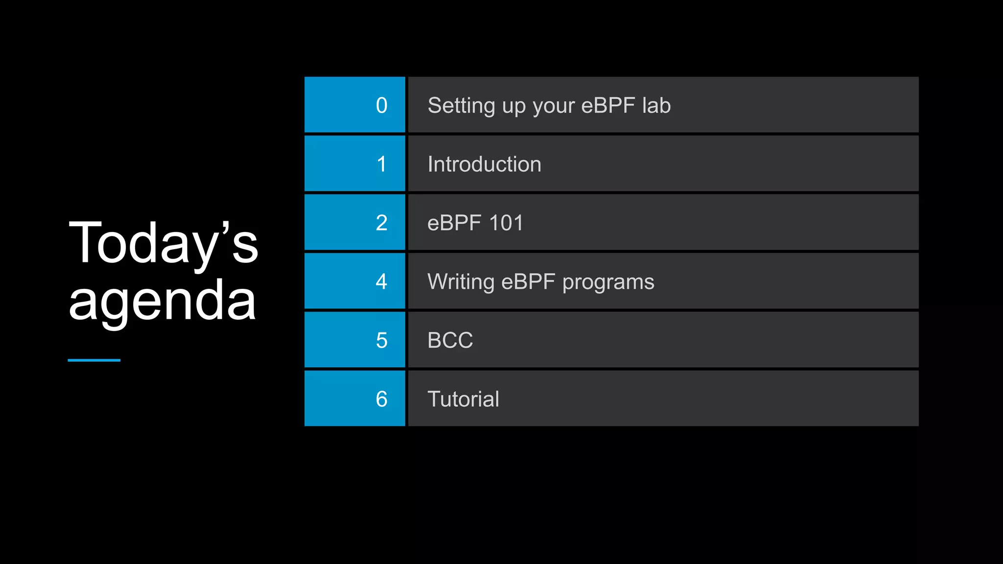Today’s
agenda
0 Setting up your eBPF lab
1 Introduction
2 eBPF 101
4 Writing eBPF programs
5 BCC
6 Tutorial
 