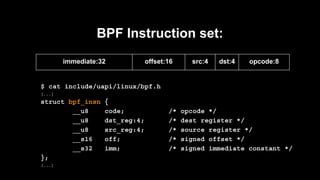 BPF Instruction set:
immediate:32 offset:16 src:4 dst:4 opcode:8
$ cat include/uapi/linux/bpf.h
[...]
struct bpf_insn {
__...