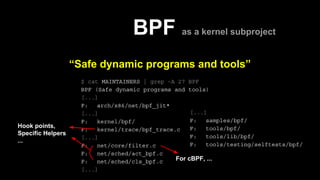 “Safe dynamic programs and tools”
$ cat MAINTAINERS | grep -A 27 BPF
BPF (Safe dynamic programs and tools)
[...]
F: arch/x...