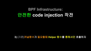 BPF Infrastructure:
안전한 code injection 작전
3) (기존)커널함수가 필요할때 Helper 함수를 통해서만 호출하자
 