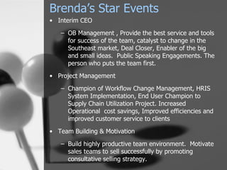 Brenda’s Star Events
• Interim CEO

   – OB Management , Provide the best service and tools
     for success of the team, catalyst to change in the
     Southeast market, Deal Closer, Enabler of the big
     and small ideas. Public Speaking Engagements. The
     person who puts the team first.
• Project Management

   – Champion of Workflow Change Management, HRIS
     System Implementation, End User Champion to
     Supply Chain Utilization Project. Increased
     Operational cost savings, Improved efficiencies and
     improved customer service to clients
• Team Building & Motivation

   – Build highly productive team environment. Motivate
     sales teams to sell successfully by promoting
     consultative selling strategy.
 