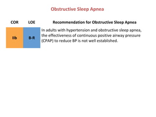 Obstructive Sleep Apnea
COR LOE Recommendation for Obstructive Sleep Apnea
IIb B-R
In adults with hypertension and obstructive sleep apnea,
the effectiveness of continuous positive airway pressure
(CPAP) to reduce BP is not well established.
 