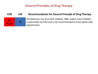 General Principles of Drug Therapy
COR LOE Recommendation for General Principle of Drug Therapy
III:
Harm
A
Simultaneous use of an ACE inhibitor, ARB, and/or renin inhibitor
is potentially harmful and is not recommended to treat adults with
hypertension.
 