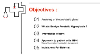 Objectives :
01
02
03
04
05
Anatomy of the prostatic gland
What’s Benign Prostatic Hyperplasia ?
Approach to patient with ...