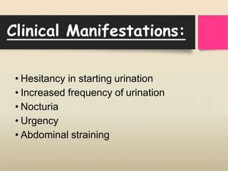 Clinical Manifestations:
• Hesitancy in starting urination
• Increased frequency of urination
• Nocturia
• Urgency
• Abdominal straining
 