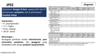 IPSS
Interpretasi :
• 0 : asymptomatic
• 1-7 : ringan
• 8-19 : sedang
• 20-35 : berat
Kekurangan :
Kurangnya penilaian terkait inkontinensia, post
micturition symptoms, dan gangguan yang
disebabkan oleh setiap symptom yang berbeda.
Diagnosis
Kuesioner dengan 8 item, yang terdiri dari 7
pertanyaan symptom, dan 1 pertanyaan
kualitas hidup
Guideline IAUI, 2017
 
