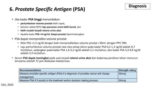 6. Prostate Specific Antigen (PSA)
• Jika kadar PSA tinggi menandakan:
• pertumbuhan volume prostat lebih cepat,
• keluhan akibat BPH/ laju pancaran urine lebih buruk, dan
• lebih mudah terjadi retensi urine akut
• Apabila kadar PSA >4 ng/ml, biopsi prostat dipertimbangkan
• PSA dapat memprediksi volume prostat.
• Nilai PSA >1,5 ng/dl dengan baik memprediksikan volume prostat >30ml, dengan PPV 78%
• Laju pertumbuhan volume prostat rata-rata setiap tahun pada kadar PSA 0,2-1,3 ng/dl adalah 0,7
mL/tahun, sedangkan pada kadar PSA 1,4-3,2 ng/dl adalah 2,1 mL/tahun, dan kadar PSA 3,3-9,9 ng/dl
adalah 3,3 mL/tahun.
• Serum PSA dapat meningkat pada saat terjadi retensi urine akut dan kadarnya perlahan-lahan menurun
terutama setelah 72 jam dilakukan kateterisasi.
Diagnosis
EAU, 2020
 