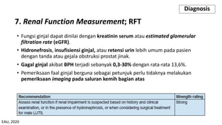 7. Renal Function Measurement; RFT
• Fungsi ginjal dapat dinilai dengan kreatinin serum atau estimated glomerular
filtration rate (eGFR).
• Hidronefrosis, insufisiensi ginjal, atau retensi urin lebih umum pada pasien
dengan tanda atau gejala obstruksi prostat jinak.
• Gagal ginjal akibat BPH terjadi sebanyak 0,3-30% dengan rata-rata 13,6%.
• Pemeriksaan faal ginjal berguna sebagai petunjuk perlu tidaknya melakukan
pemeriksaan imaging pada saluran kemih bagian atas
Diagnosis
EAU, 2020
 