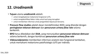 • Tujuan utama urodinamik adalah:
• untuk mengeksplorasi mekanisme fungsional LUTS,
• untuk mengidentifikasi faktor risiko untuk hasil yang merugikan
• untuk memberikan informasi untuk pengambilan keputusan bersama.
• Pressure flow studies adalah dasar mendefinisikan BOO, yang ditandai dengan
peningkatan tekanan detrusor dan penurunan urinary flow rate selama
berkemih.
• BPO harus dibedakan dari DUA, yang menunjukkan penurunan tekanan detrusor
selama berkemih, dengan kombinasi penurunan urinary flow rate
• Videourodynamics memberikan informasi anatomi dan fungsional tambahan,
untuk memahami mekanisme patofisiologis LUTS per individu
12. Urodinamik
Diagnosis
EAU, 2020
 