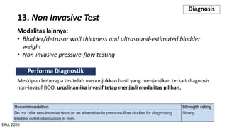 13. Non Invasive Test
Diagnosis
Meskipun beberapa tes telah menunjukkan hasil yang menjanjikan terkait diagnosis
non-invasif BOO, urodinamika invasif tetap menjadi modalitas pilihan.
Performa Diagnostik
Modalitas lainnya:
• Bladder/detrusor wall thickness and ultrasound-estimated bladder
weight
• Non-invasive pressure-flow testing
EAU, 2020
 